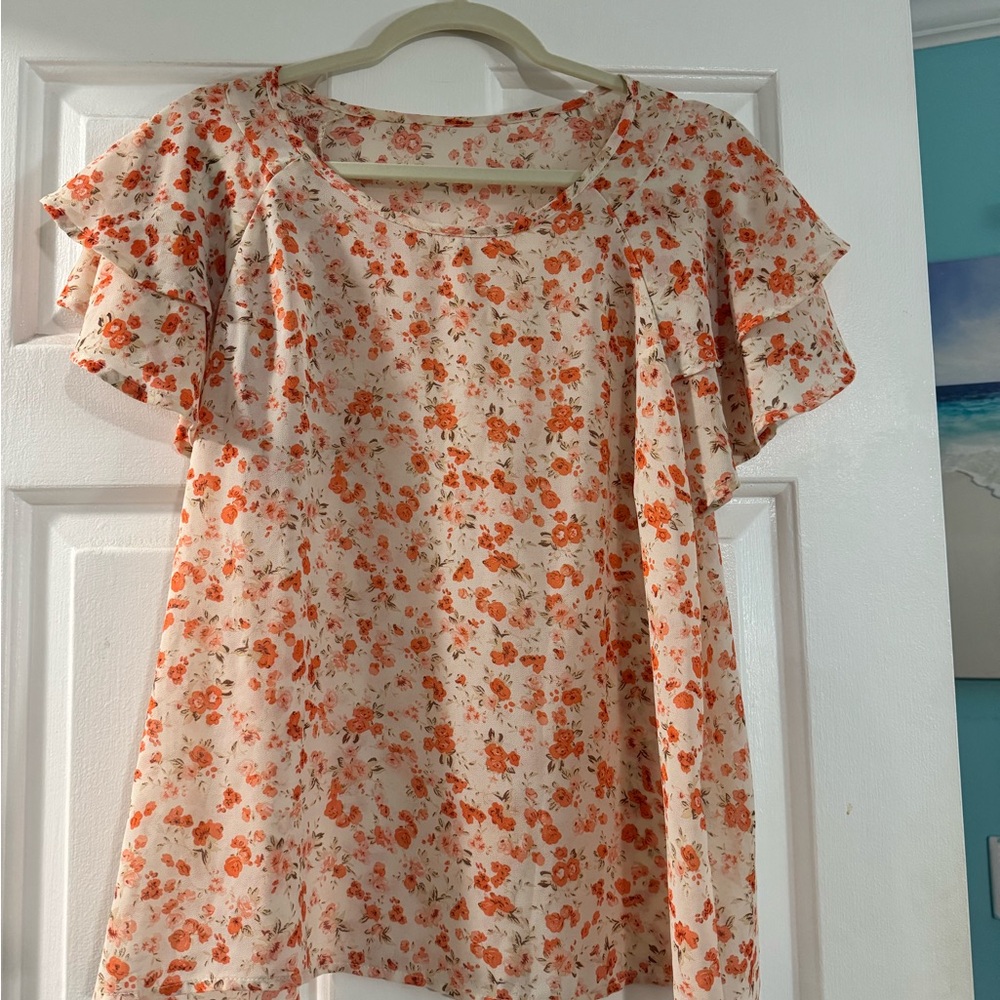 SHEIN Floral Ruffle Sleeve Blouse - Orange and Cream